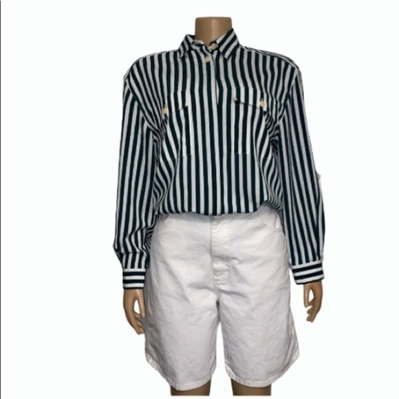 Vintage 90s Chaus Striped Button Down Blouse Emerald Green White size 10 - Picture 4 of 16